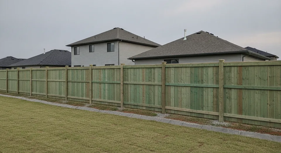 A new pressure-treated board privacy fence along a rear property line on a Kitchener, Ontario lot